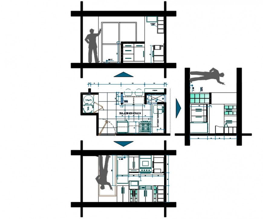 Small kitchen of house sections, plan and interior drawing details dwg file