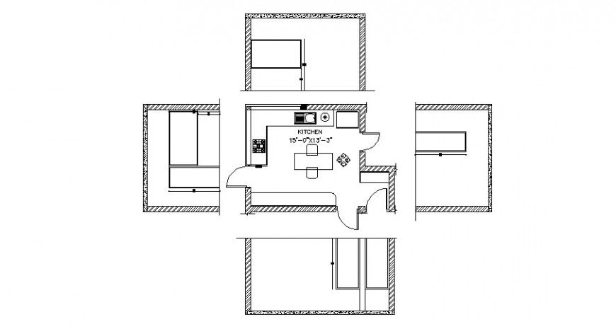 Small kitchen section, plan and auto-cad drawing details dwg file