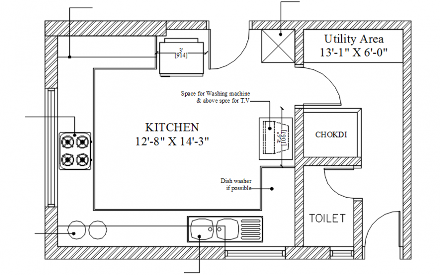 Small kitchen top view layout plan with toilet and furniture cad drawing details dwg file
