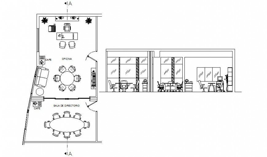 Small office plan and section details in autocad