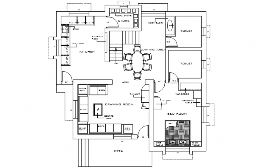 Small one bedroom house layout plan cad drawing details dwg file