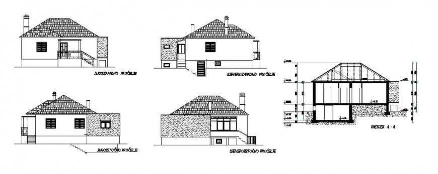 Small one family house all sided elevation and section details dwg file