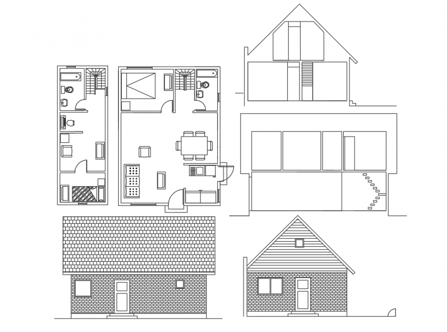 Small one family house elevation, section and plan details dwg file