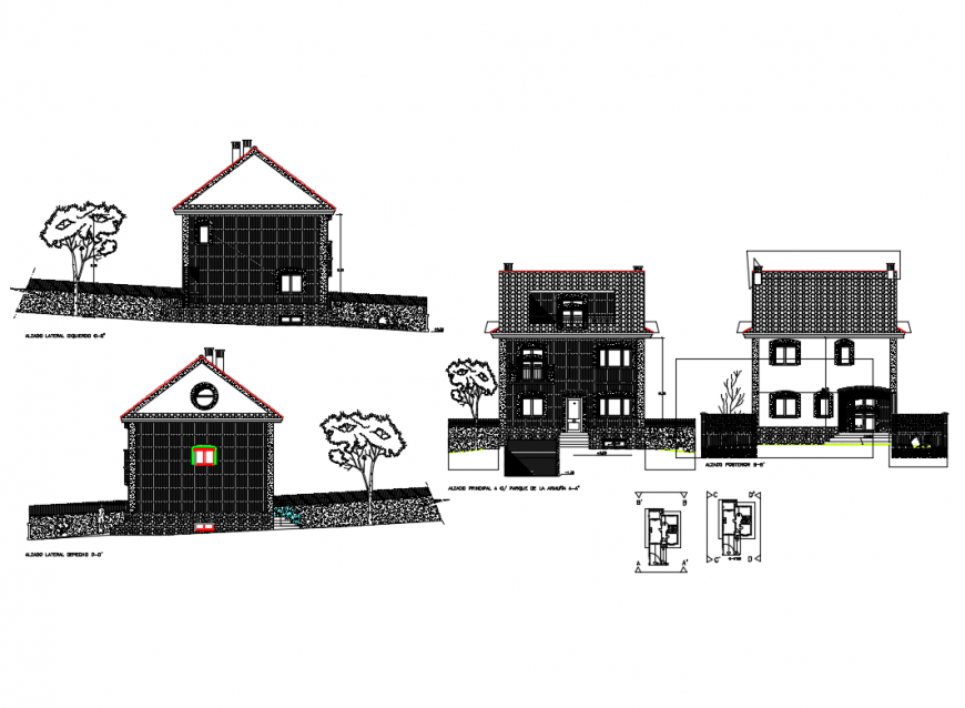 Small one family house facade and back elevation and sectional details dwg file