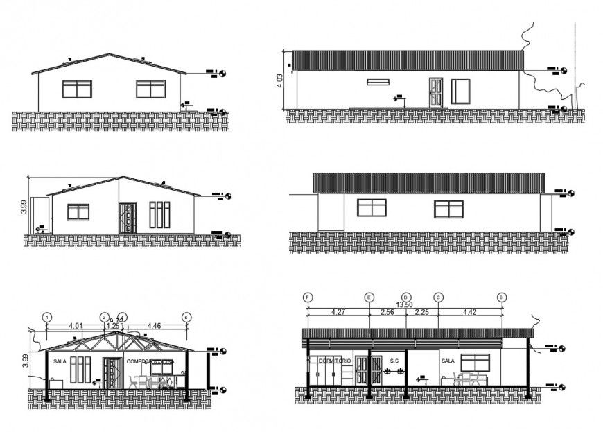 Small one story house elevation and sectional details dwg file