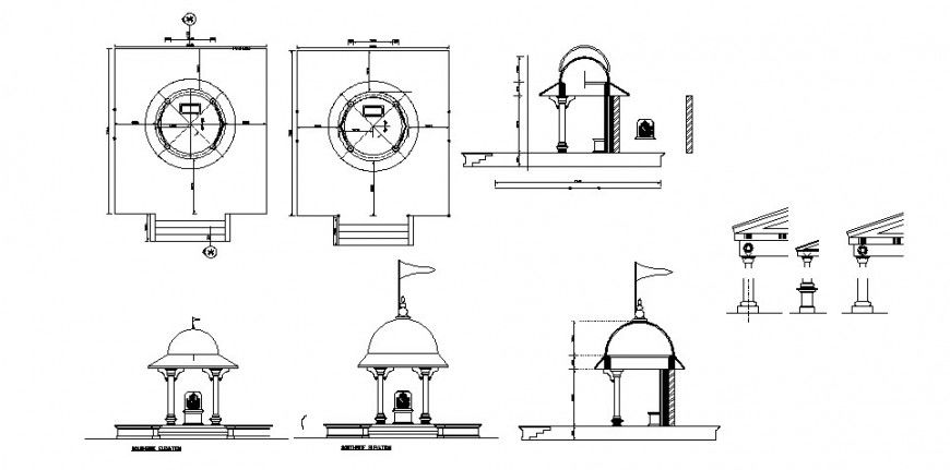 Small religious temple elevation, section, plan and auto-cad details dwg file