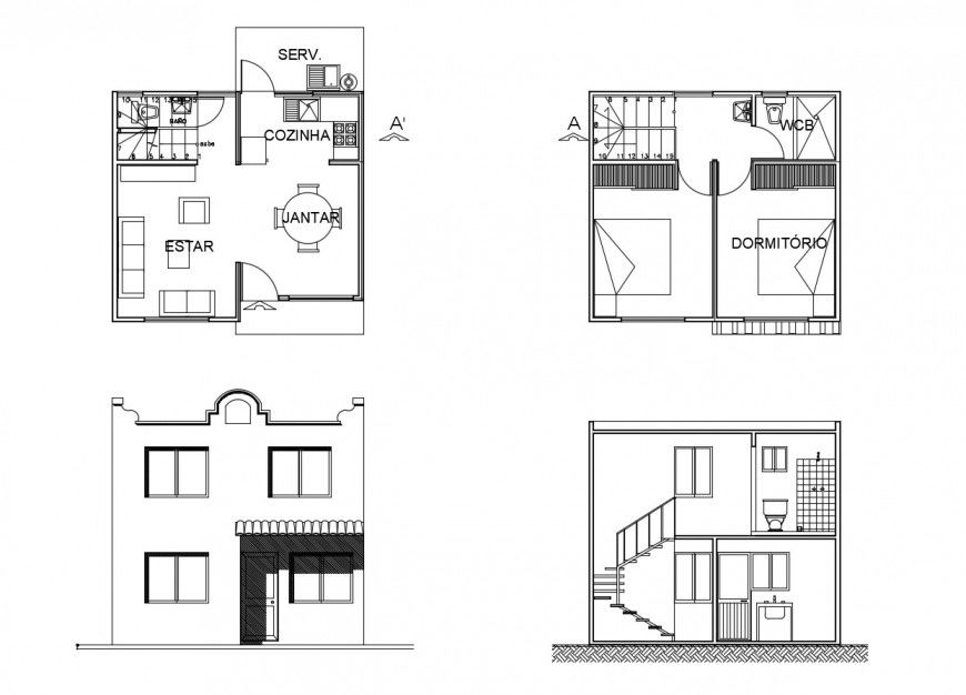 Small residential house detail plan, elevation and section autocad file