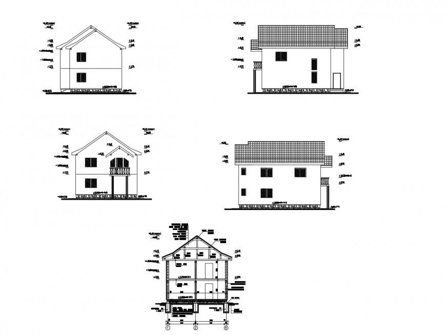 Small residential house elevation and constructive section cad drawing details dwg file