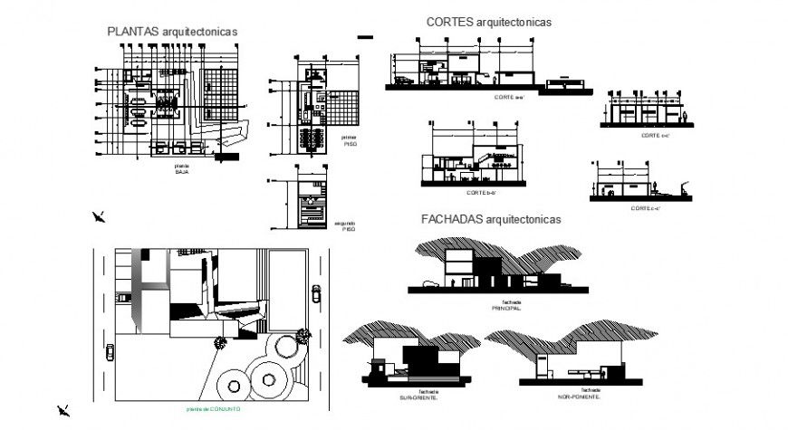 Small restaurant building detail 2d plan and elevation autocad file