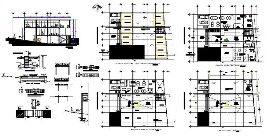 Small restaurant building detail section and plan 2d view autocad file