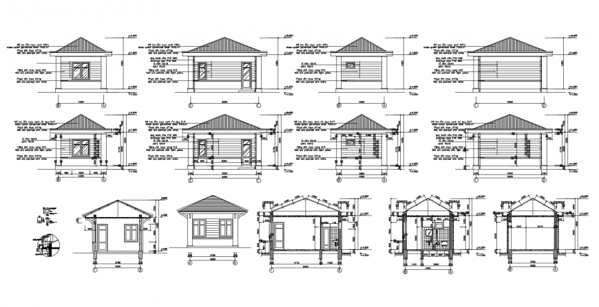 Small roof house all sided elevation and section drawing details dwg file