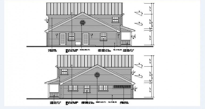 Small roof house front and rear elevation cad drawing details dwg file