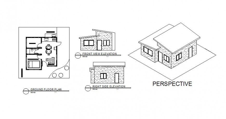 Small single story house elevation, section and plan drawing details dwg file