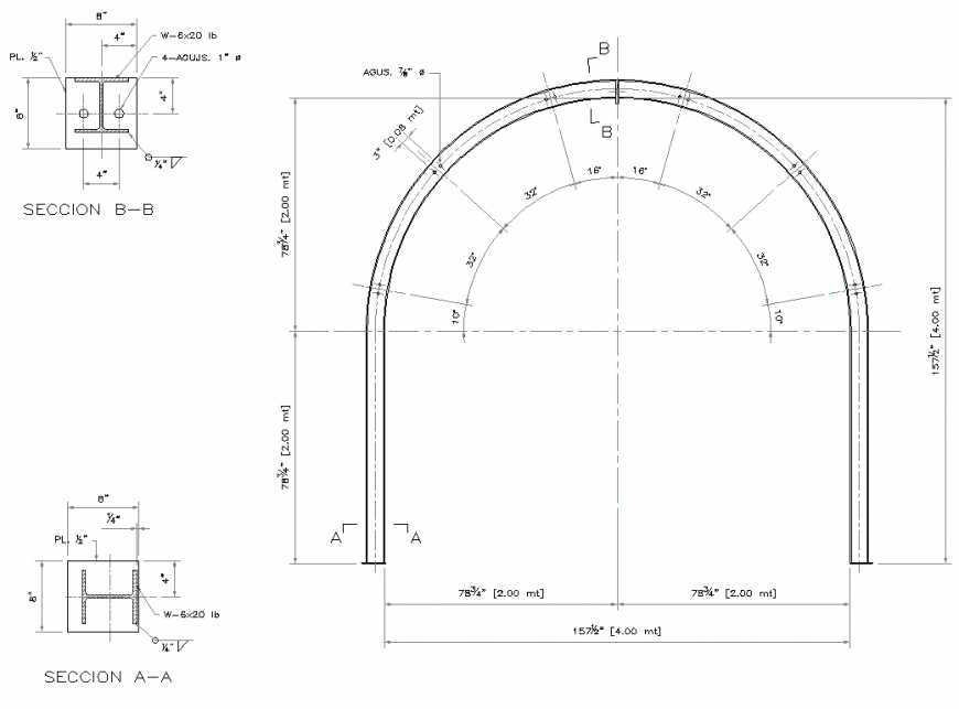 Small span arch centre plan and section autocad file