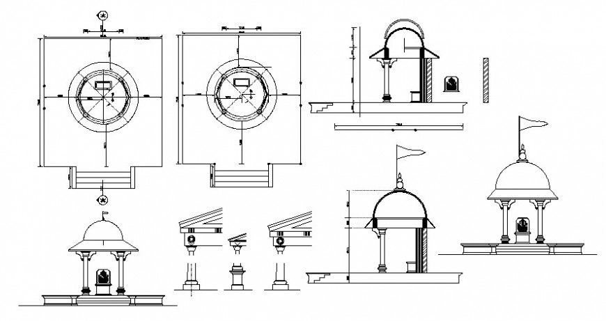 Small temple Building detail elevations autocad drawing