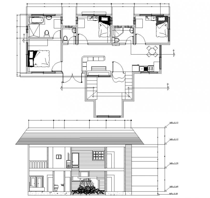 Small traditional house drawing in dwg file.