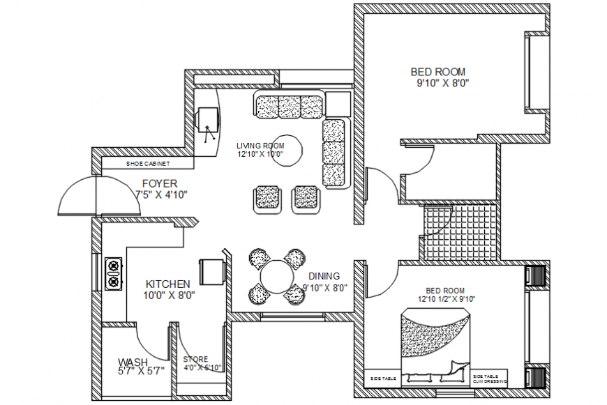 Small two bedroom house layout plan cad drawing details dwg file