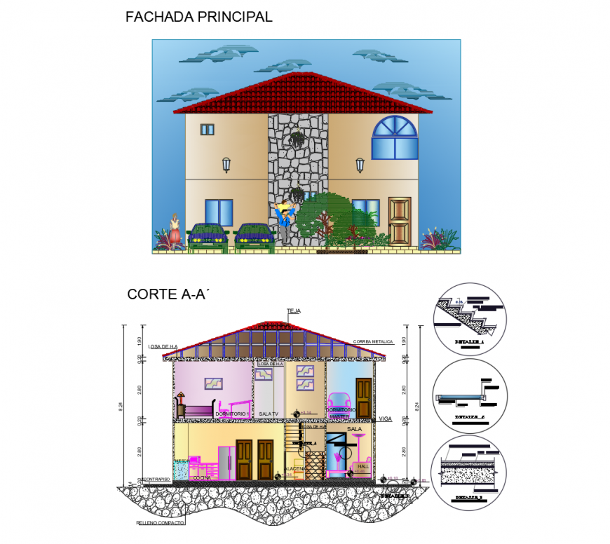 Small Two Story House Main Elevation and Section DWG File Download