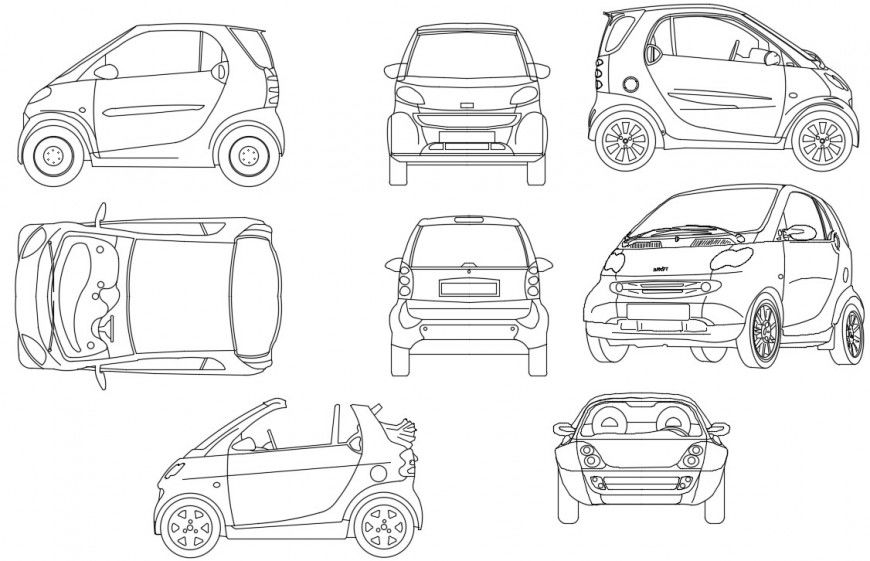 Smart car all sided elevation block drawing details dwg file