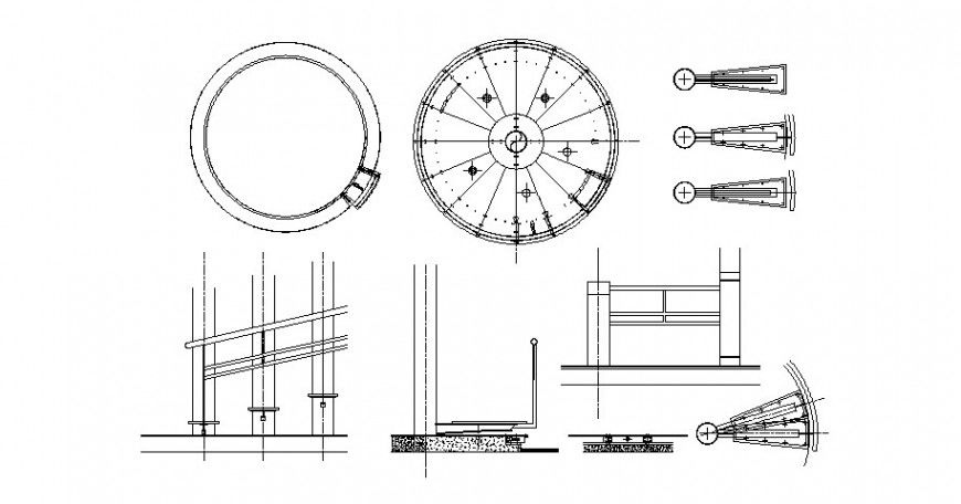 Snail stairways section and constructive structure details dwg file
