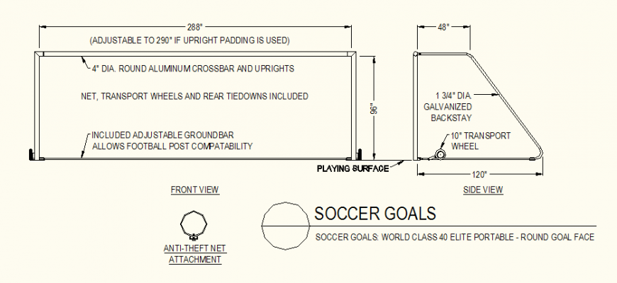 Soccer goal round face detail elevation layout file