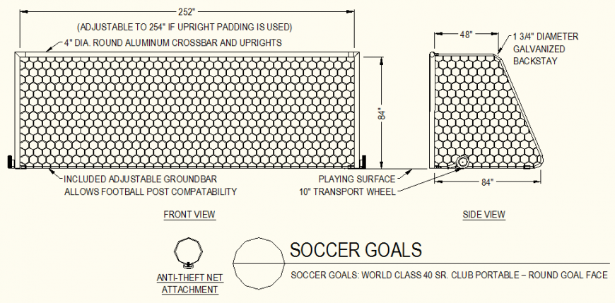 Soccer goal round goal face detail dwg file