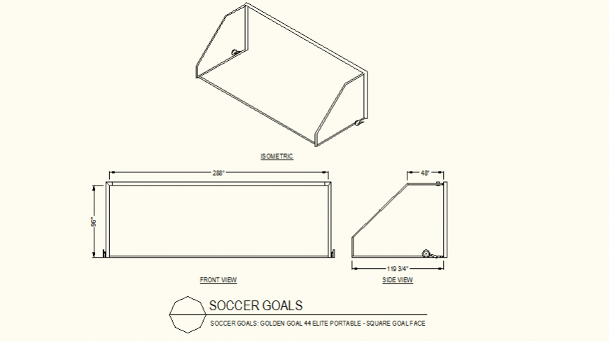 Soccer goals square shape detail plan and elevation dwg file