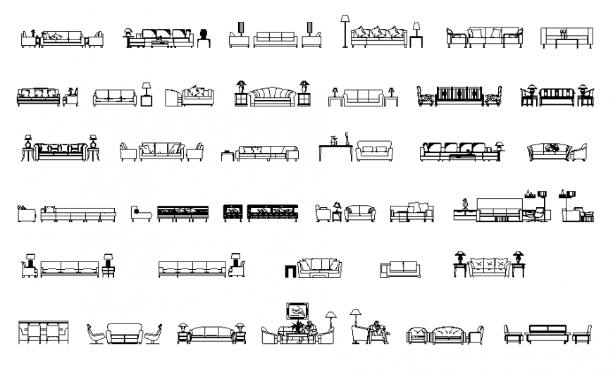 Sofa Set and Armchair CAD Elevation with 2D Layout Views