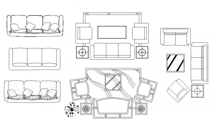 Sofa set and drawing room furniture blocks cad drawing details dwg file