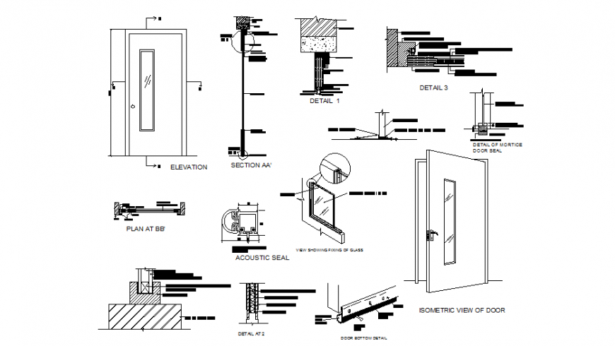 Sound proof door elevation and installation cad drawing details dwg file