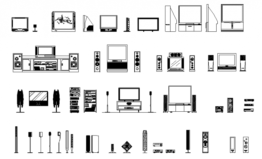 Sound system, tv and household electrical item block cad drawing details dwg file