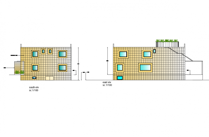 South and east elevation details of two story villa house dwg file