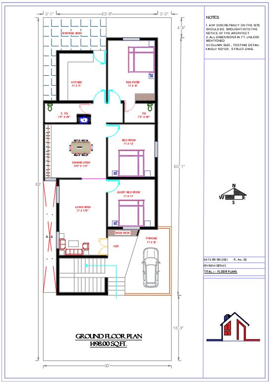 South Facing 3 BHK Ground Floor Plan Drawing DWG File