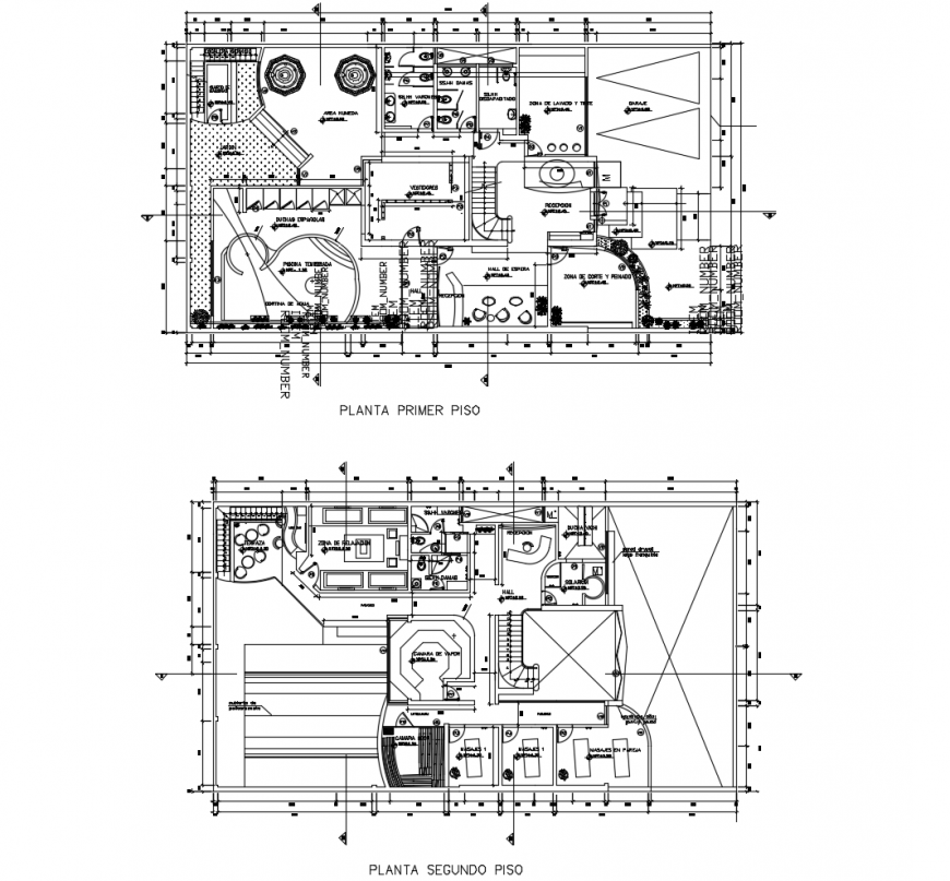 Spa and salon center first and second floor plan cad drawing details dwg file