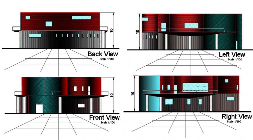 Space center front, back, right and left side elevation cad drawing details dwg file