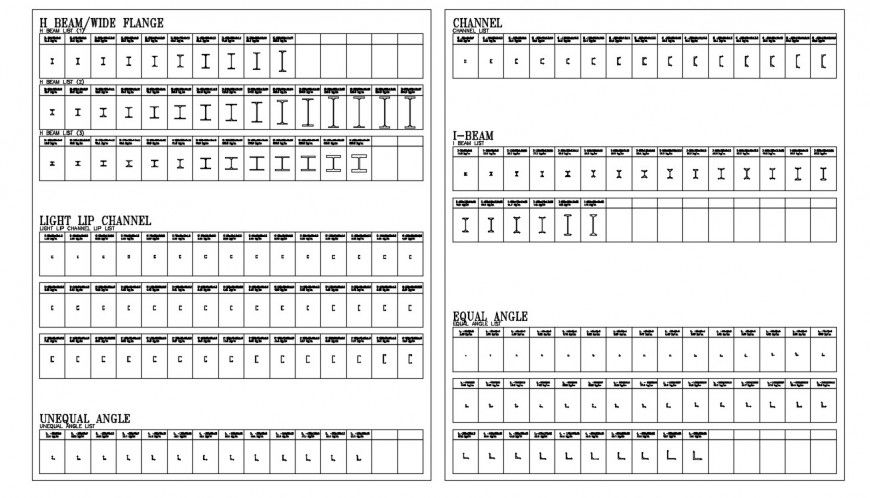 Specification list drawings of angle sections dwg file