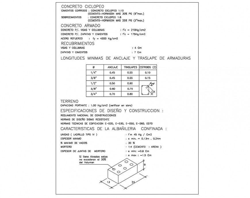 Specification table details of armed concrete construction dwg file