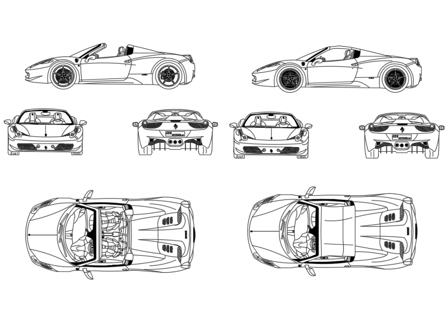 Spider open roof multiple Ferrari cars cad blocks details dwg file