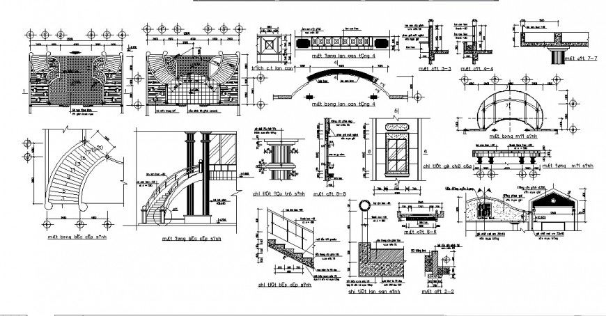 Spiral and straight staircases of house section and construction details dwg file