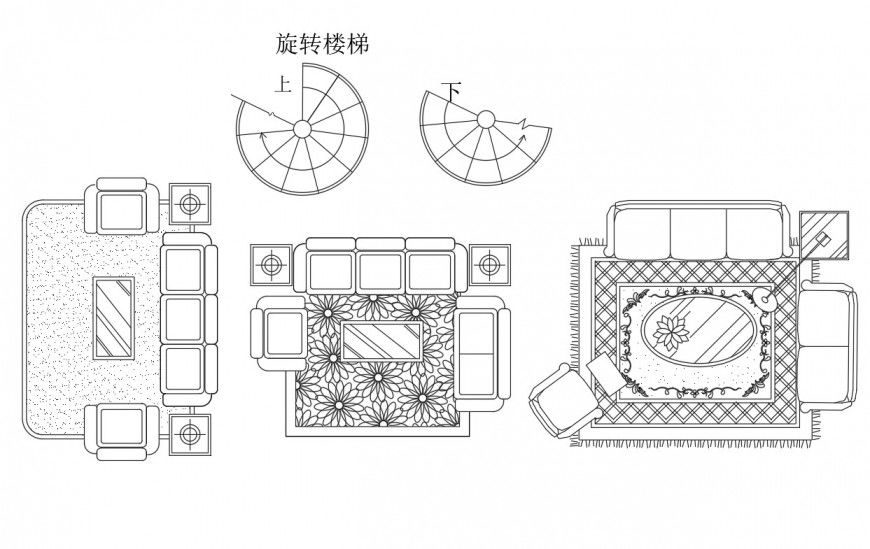 Spiral stair and living room furniture detail dwg file
