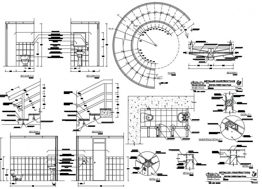 Spiral stairway and bathroom plan detail 2d view autocad file