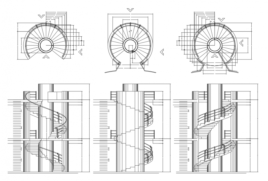 Spiral stairway detail elevation and plan 2d view autocad file
