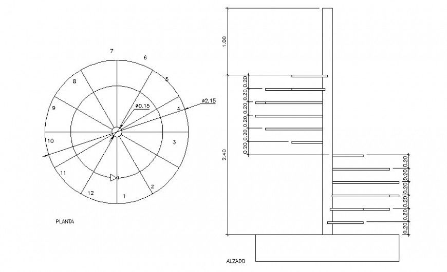 Spiral stairway detail elevation and plan in Autocad