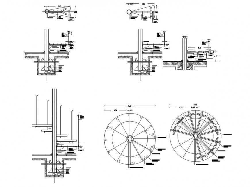 Spiral stairways elevation, section and construction drawing details dwg file