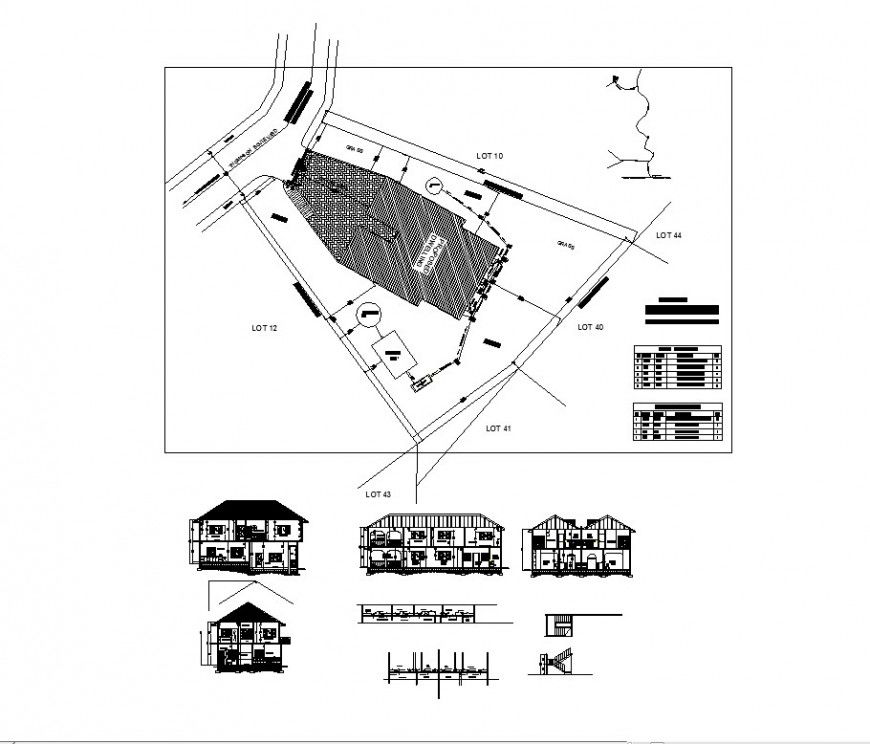 Split family house elevation, section, plan and auto-cad drawing details dwg file