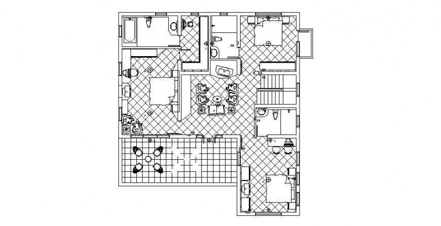 Split family house plan with furniture layout cad drawing details dwg file