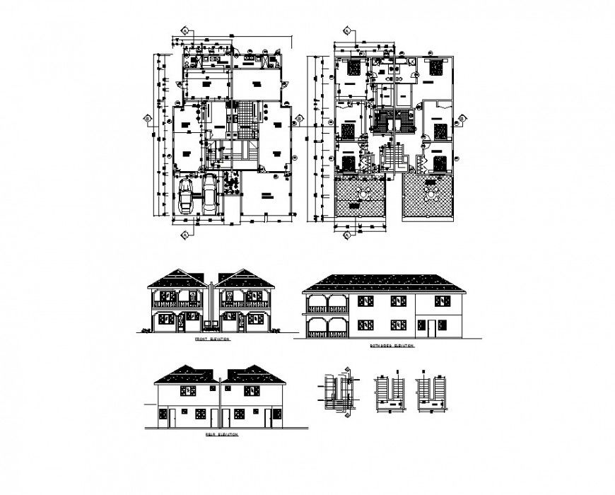 Split Family House 2-Story Elevation & Floor Plan DWG File