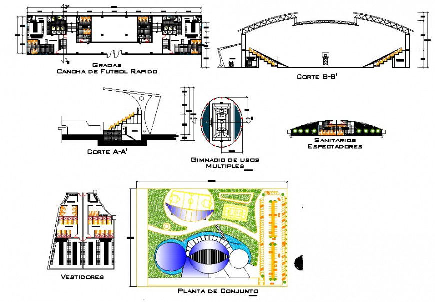 Sport building detail plan and section 2d view CAD block autocad file