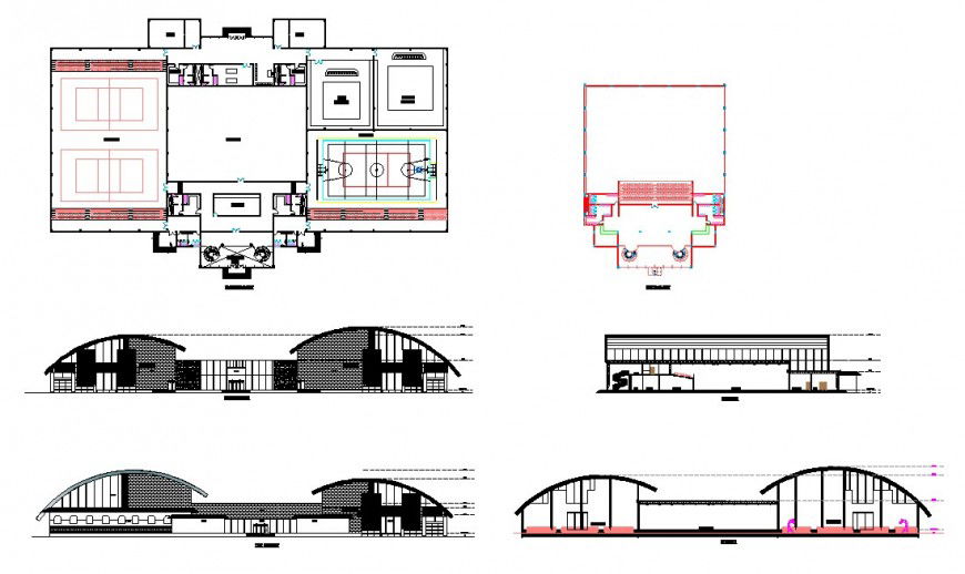 Sport center building plan and elevation 2d view CAD block layout dwg file