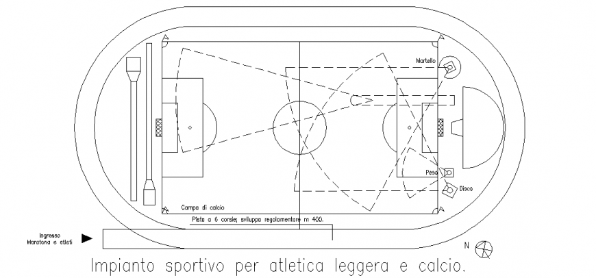 Sport center with athletic play ground design view dwg file